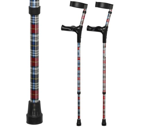 Multimotion elleboogkrukken met print - Blauw/Rood geruit (set krukken met daarnaast een afbeelding ingezoomd op de print)