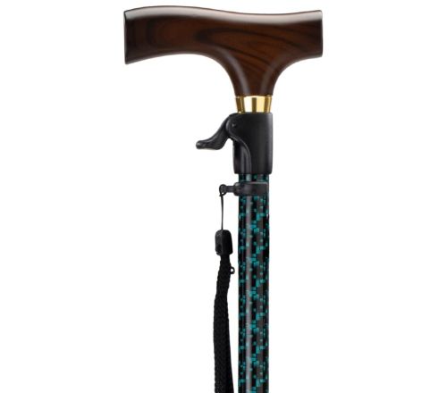 MultiMotion wandelstok met drukknop bediening - Zwart/ groene print (ingezoomd op het handvat met drukknop bediening)