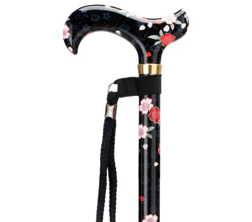 MultiMotion wandelstok met volledige print- Bloemen zwart (ingezoomd op het handvat)