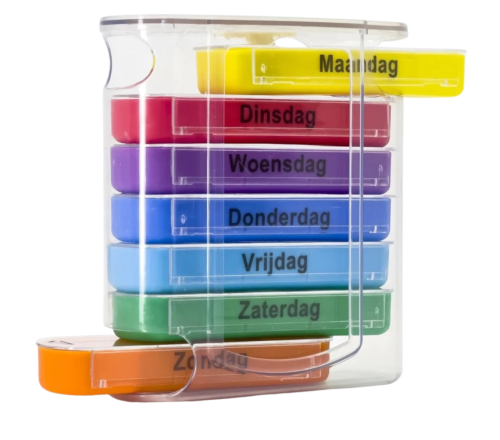 MultiMotion Pillendoosje - Gekleurd (afgebeeld hoe je de bakjes van de dagen uit de houder schuift)