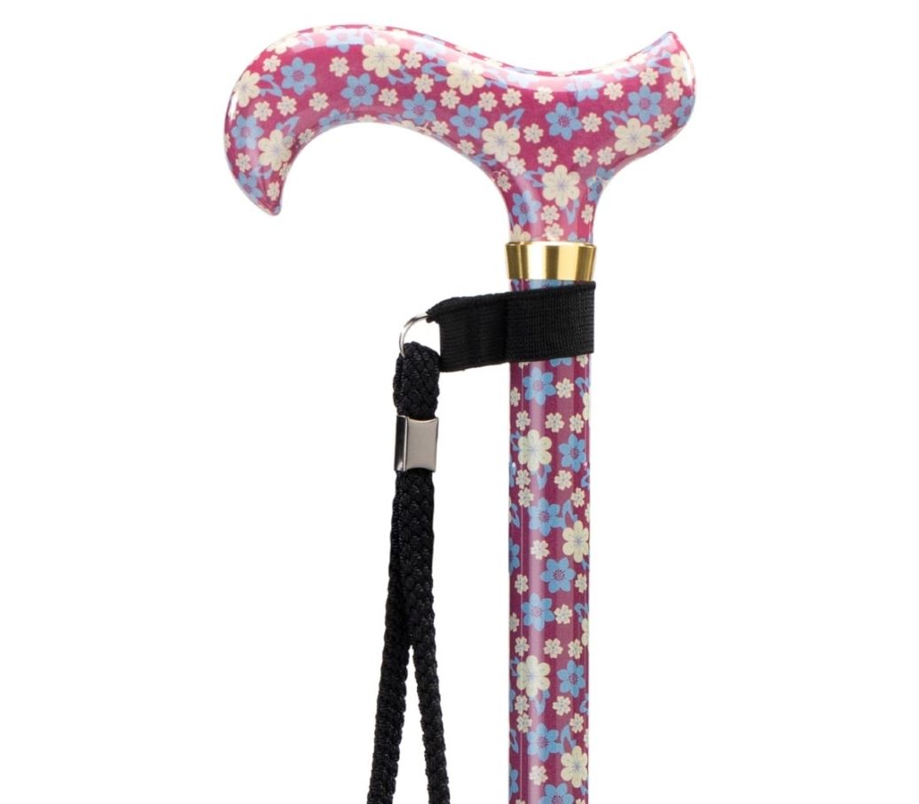 MultiMotion wandelstok met volledige print- Bloemen rood (ingezoomd op het handvat)