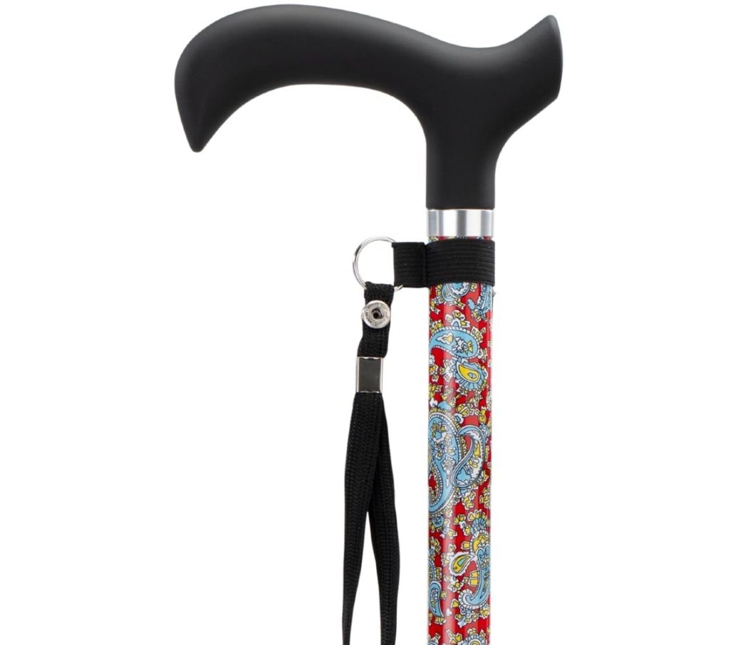 MultiMotion wandelstok - Rood paisley (ingezoomd op handvat en kleur van de buis)