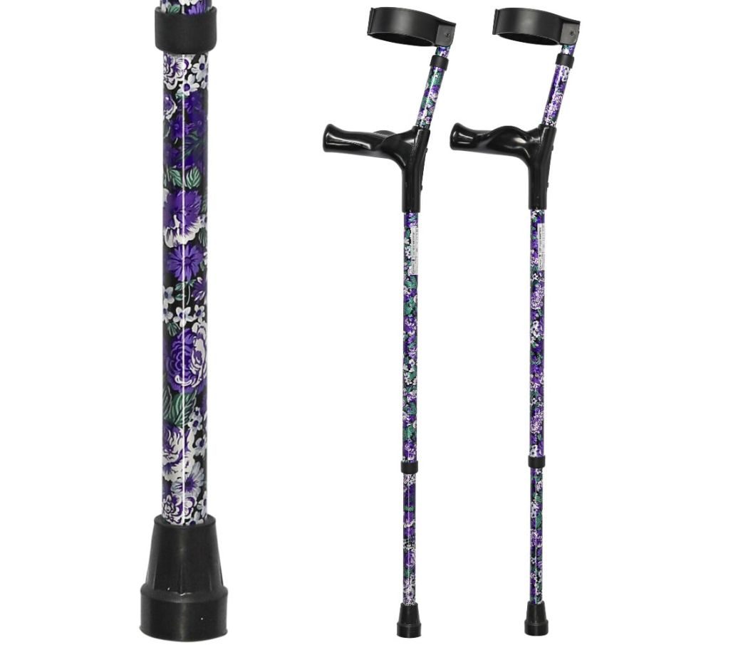 Multimotion elleboogkrukken met print - Bloemen paars (set krukken met daarnaast een afbeelding ingezoomd op de print)