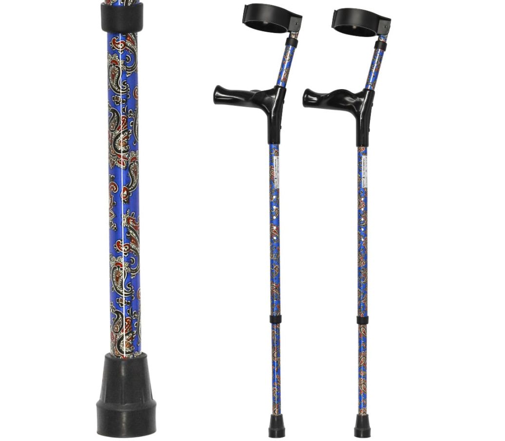 Multimotion elleboogkrukken met print - Paisley blauw (set krukken met daarnaast een afbeelding ingezoomd op de print)