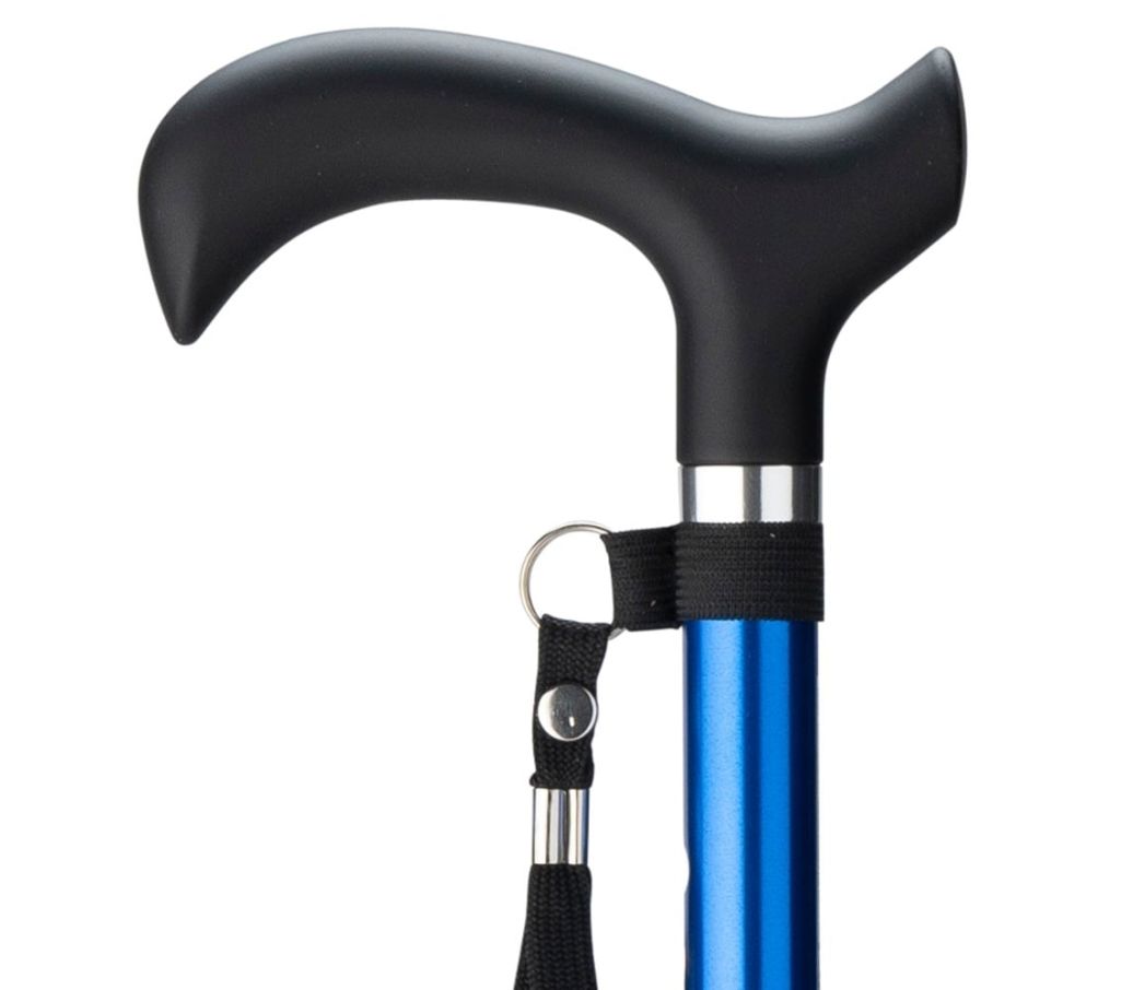 MultiMotion wandelstok - Blauw (ingezoomd op handvat en kleur van de buis) MultiMotion wandelstok - Blauw (ingezoomd op handvat en kleur van de buis)