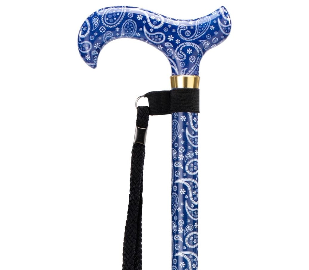 MultiMotion wandelstok met volledige print- Blauw paisley (ingezoomd op het handvat)