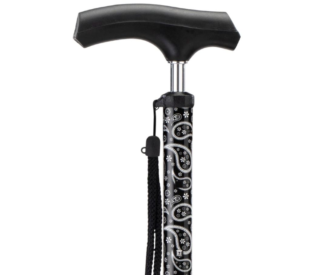 MultiMotion wandelstok telescopisch - Zwart paisley (iingezoomd op het handvat) MultiMotion wandelstok telescopisch - Zwart paisley (iingezoomd op het handvat)