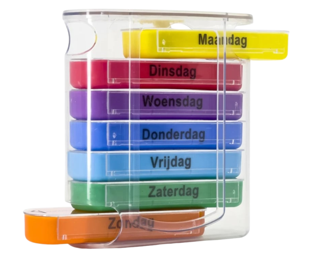 MultiMotion Pillendoosje - Gekleurd (afgebeeld hoe je de bakjes van de dagen uit de houder schuift)